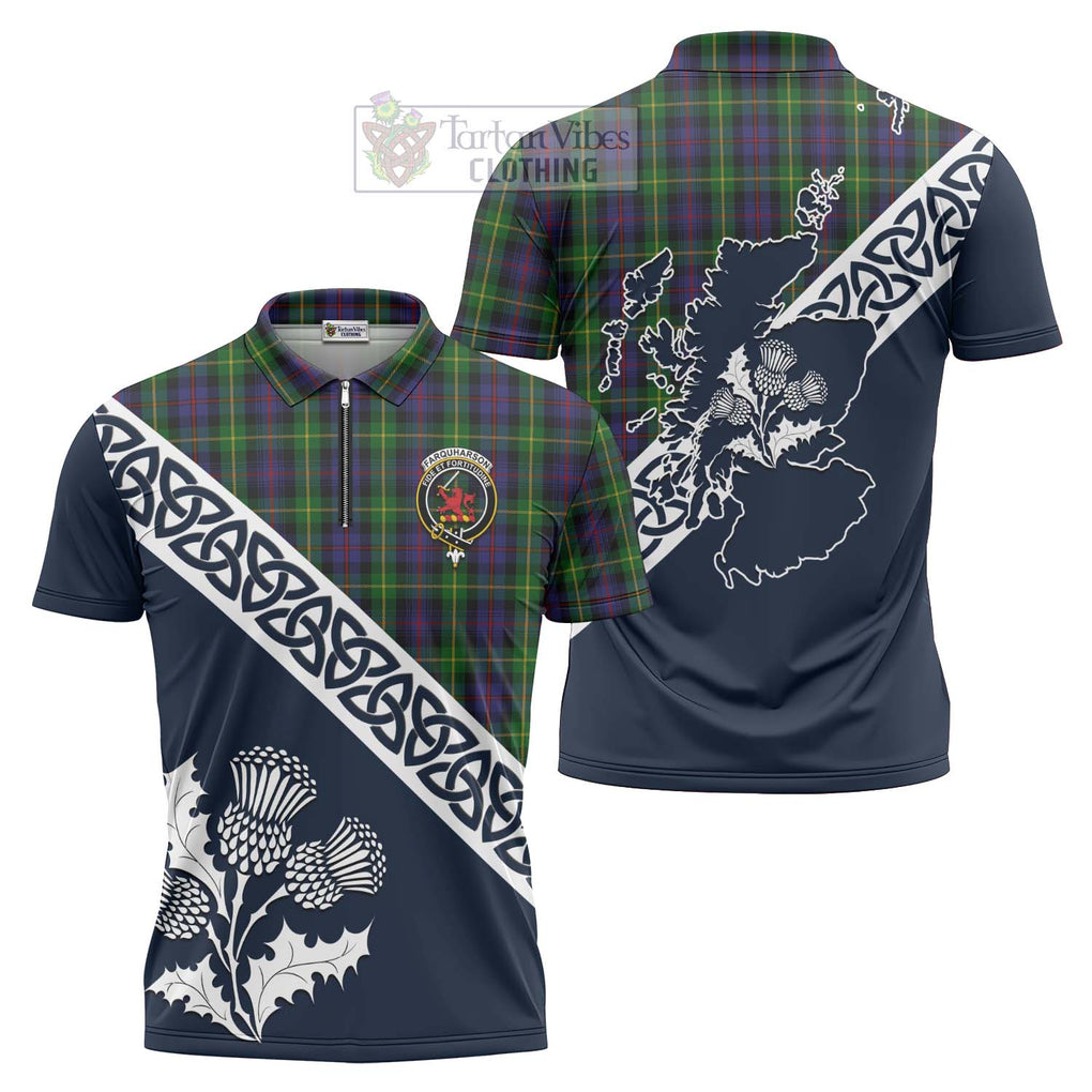 Tartan Vibes Clothing Farquharson Tartan Zipper Polo Shirt Featuring Thistle and Scotland Map