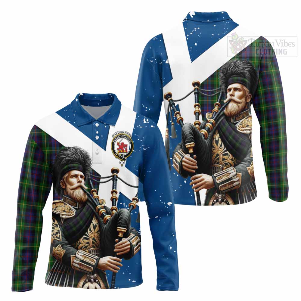 Tartan Vibes Clothing Farquharson Tartan Long Sleeve Polo Shirt with Family Crest Scottish Bagpiper Vibes