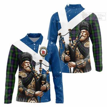 Farquharson Tartan Long Sleeve Polo Shirt with Family Crest Scottish Bagpiper Vibes