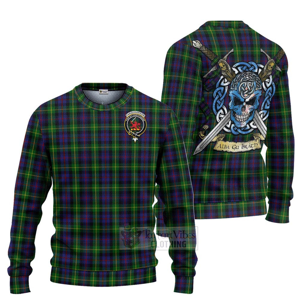 Tartan Vibes Clothing Farquharson Tartan Knitted Sweater with Family Crest Celtic Skull Style