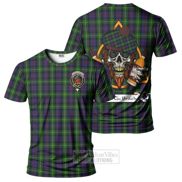 Farquharson Tartan T-Shirt with Family Crest and Bearded Skull Holding Bottles of Whiskey