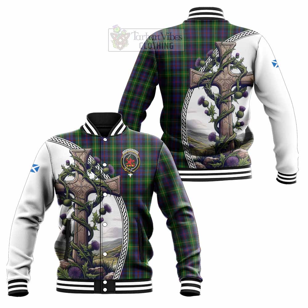 Tartan Vibes Clothing Farquharson Tartan Baseball Jacket with Family Crest and St. Andrew's Cross Accented by Thistle Vines