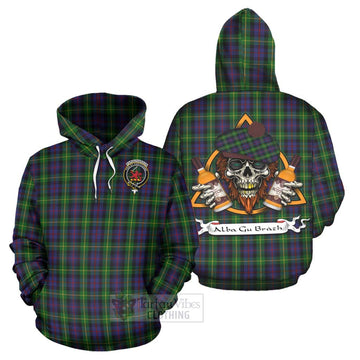 Farquharson Tartan Hoodie with Family Crest and Bearded Skull Holding Bottles of Whiskey