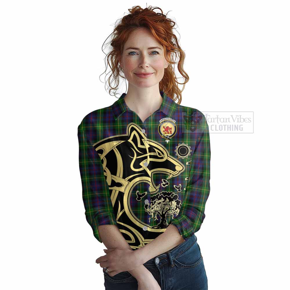 Tartan Vibes Clothing Farquharson Tartan Women's Casual Shirt with Family Crest Celtic Wolf Style