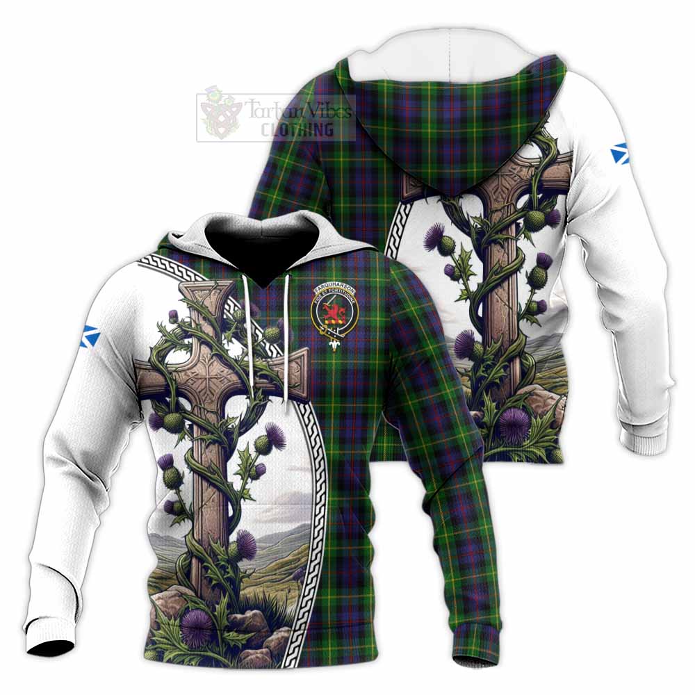 Tartan Vibes Clothing Farquharson Tartan Knitted Hoodie with Family Crest and St. Andrew's Cross Accented by Thistle Vines