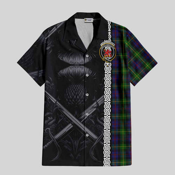 Farquharson Tartan Short Sleeve Button Shirt with Family Crest Cross Sword Thistle Celtic Vibes