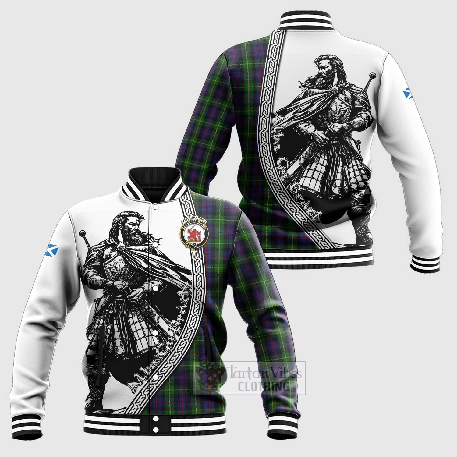 Tartan Vibes Clothing Farquharson Tartan Clan Crest Baseball Jacket with Highlander Warrior Celtic Style