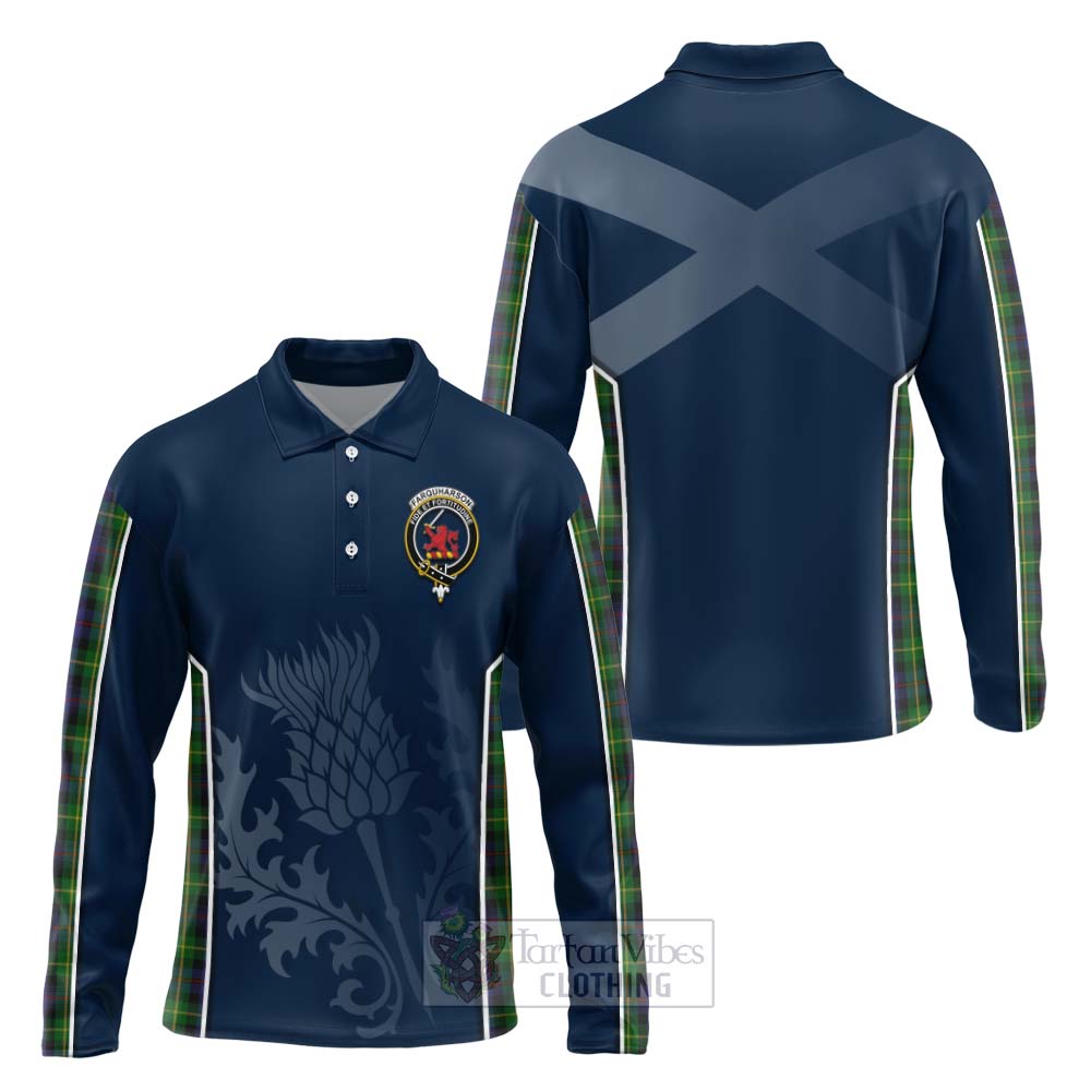 Tartan Vibes Clothing Farquharson Tartan Long Sleeve Polo Shirt with Family Crest and Scottish Thistle Vibes Sport Style