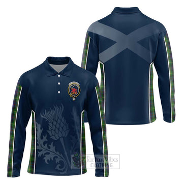 Farquharson Tartan Long Sleeve Polo Shirt with Family Crest and Scottish Thistle Vibes Sport Style