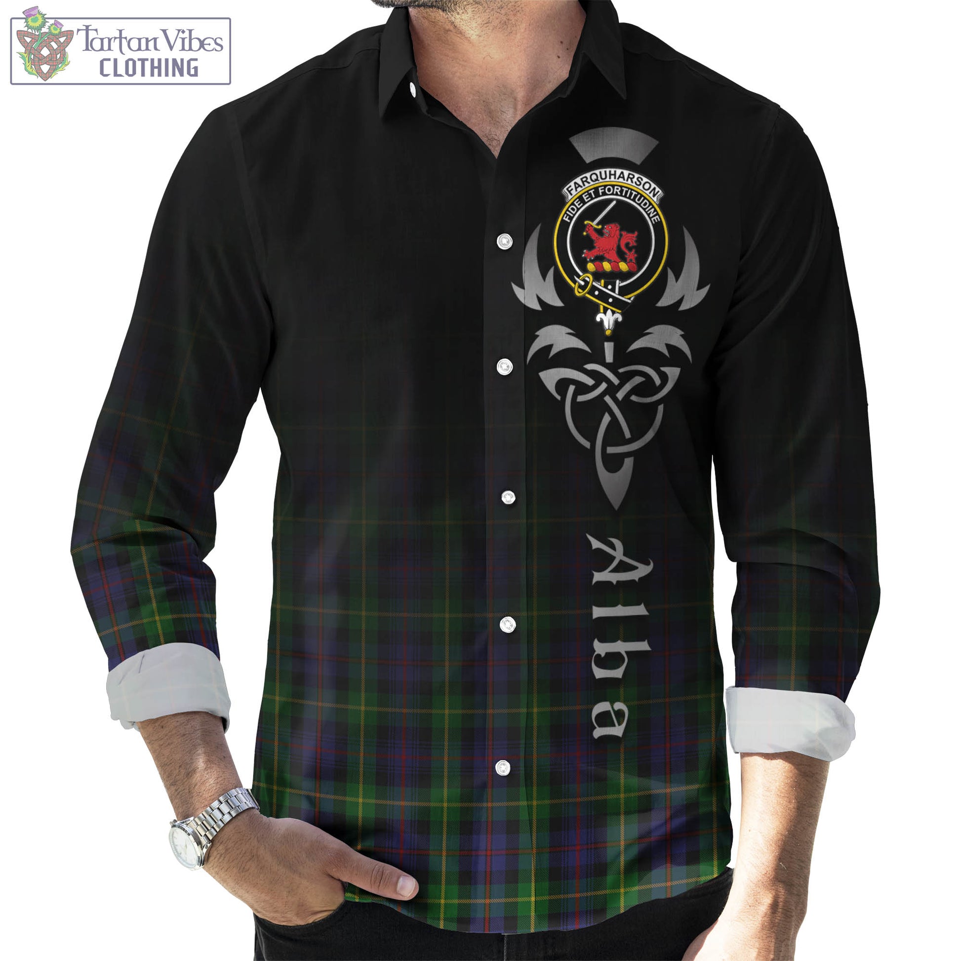 Tartan Vibes Clothing Farquharson Tartan Long Sleeve Button Up Featuring Alba Gu Brath Family Crest Celtic Inspired