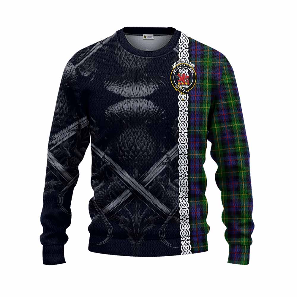Farquharson Tartan Knitted Sweater with Family Crest Cross Sword Thistle Celtic Vibes Unisex - Tartan Vibes Clothing