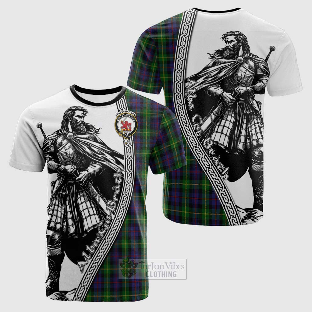 Tartan Vibes Clothing Farquharson Tartan Clan Crest Cotton T-shirt with Highlander Warrior Celtic Style