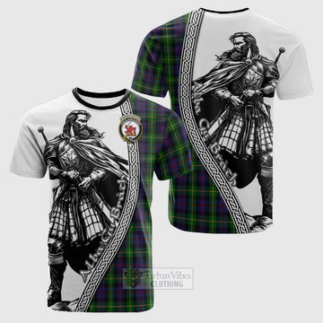 Farquharson Tartan Clan Crest Cotton T-shirt with Highlander Warrior Celtic Style