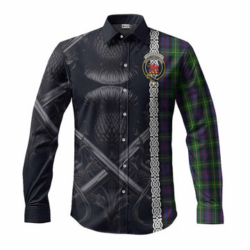 Farquharson Tartan Long Sleeve Button Shirt with Family Crest Cross Sword Thistle Celtic Vibes