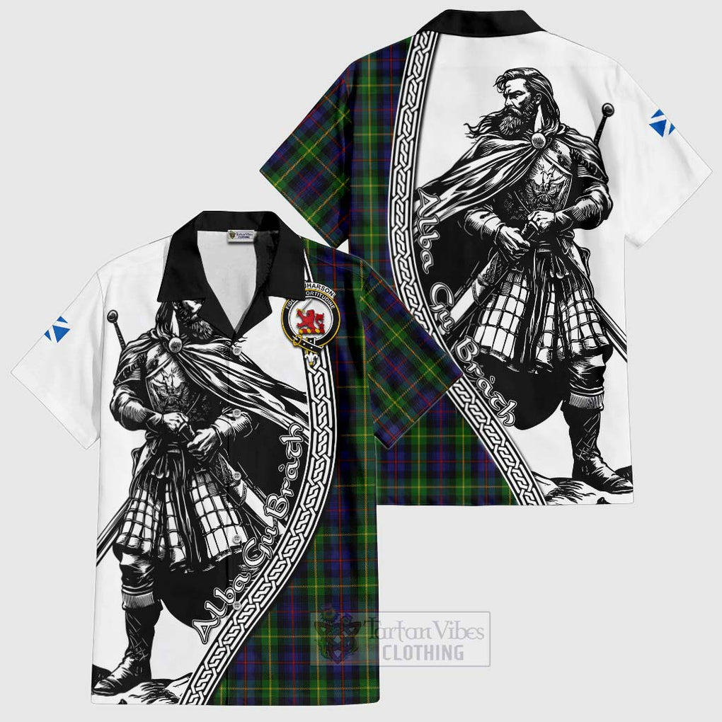 Tartan Vibes Clothing Farquharson Tartan Clan Crest Short Sleeve Button Shirt with Highlander Warrior Celtic Style