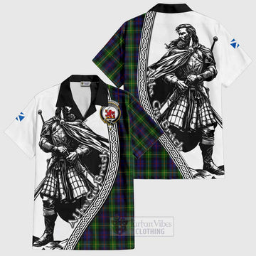 Farquharson Tartan Clan Crest Short Sleeve Button Shirt with Highlander Warrior Celtic Style