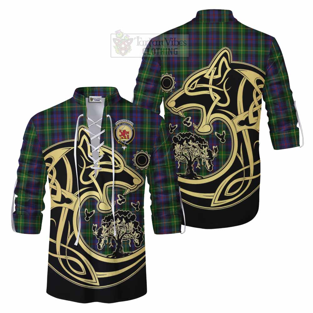 Tartan Vibes Clothing Farquharson Tartan Ghillie Kilt Shirt with Family Crest Celtic Wolf Style