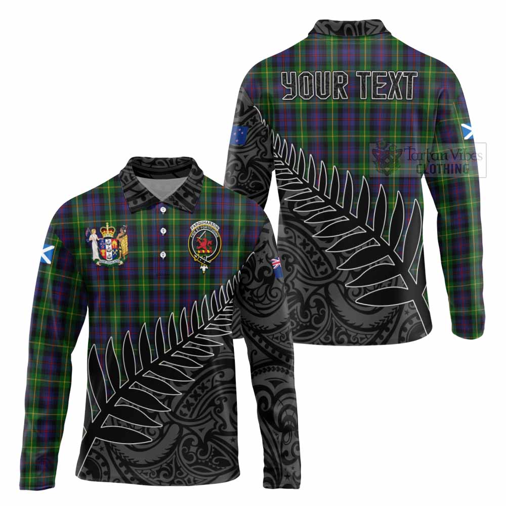 Tartan Vibes Clothing Farquharson Crest Tartan Long Sleeve Polo Shirt with New Zealand Silver Fern Half Style