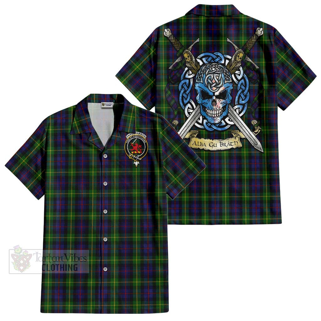 Tartan Vibes Clothing Farquharson Tartan Short Sleeve Button Shirt with Family Crest Celtic Skull Style