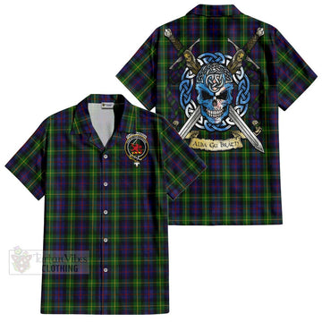 Farquharson Tartan Short Sleeve Button Shirt with Family Crest Celtic Skull Style