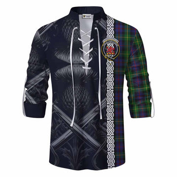 Farquharson Tartan Ghillie Kilt Shirt with Family Crest Cross Sword Thistle Celtic Vibes