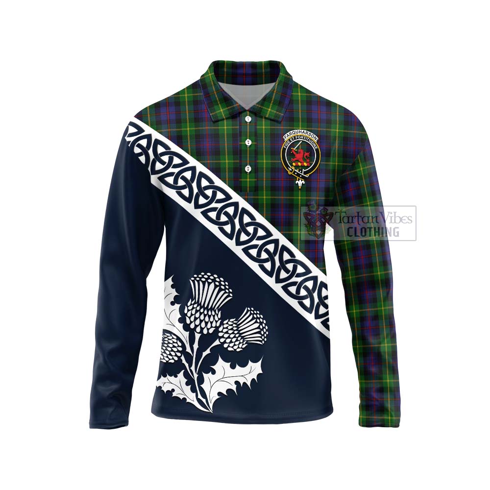 Tartan Vibes Clothing Farquharson Tartan Long Sleeve Polo Shirt Featuring Thistle and Scotland Map