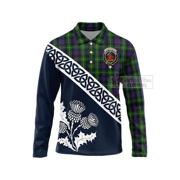 Farquharson Tartan Long Sleeve Polo Shirt Featuring Thistle and Scotland Map