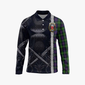 Farquharson Tartan Long Sleeve Polo Shirt with Family Crest Cross Sword Thistle Celtic Vibes