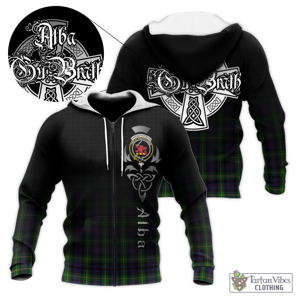 Tartan Vibes Clothing Farquharson Tartan Knitted Hoodie Featuring Alba Gu Brath Family Crest Celtic Inspired