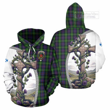 Farquharson Tartan Hoodie with Family Crest and St. Andrew's Cross Accented by Thistle Vines