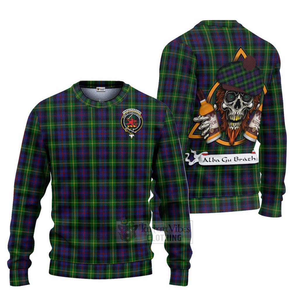 Tartan Vibes Clothing Farquharson Tartan Knitted Sweater with Family Crest and Bearded Skull Holding Bottles of Whiskey