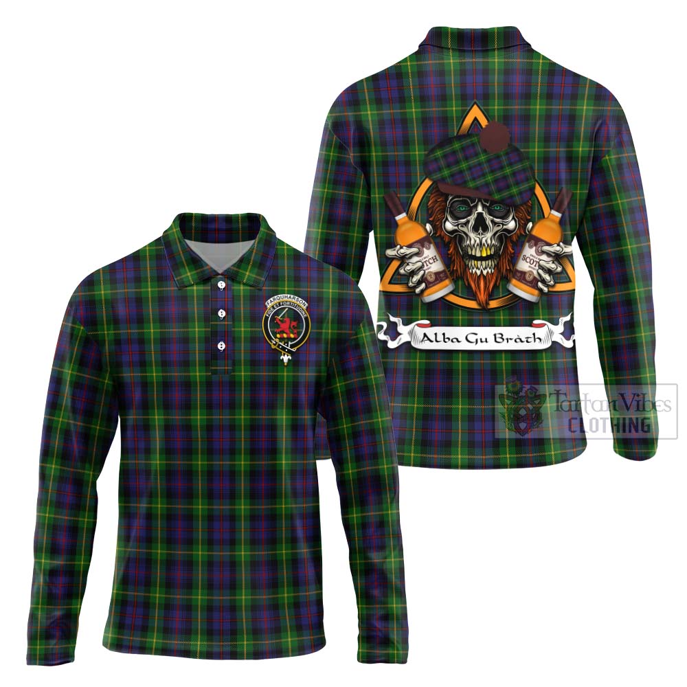 Tartan Vibes Clothing Farquharson Tartan Long Sleeve Polo Shirt with Family Crest and Bearded Skull Holding Bottles of Whiskey