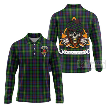 Farquharson Tartan Long Sleeve Polo Shirt with Family Crest and Bearded Skull Holding Bottles of Whiskey