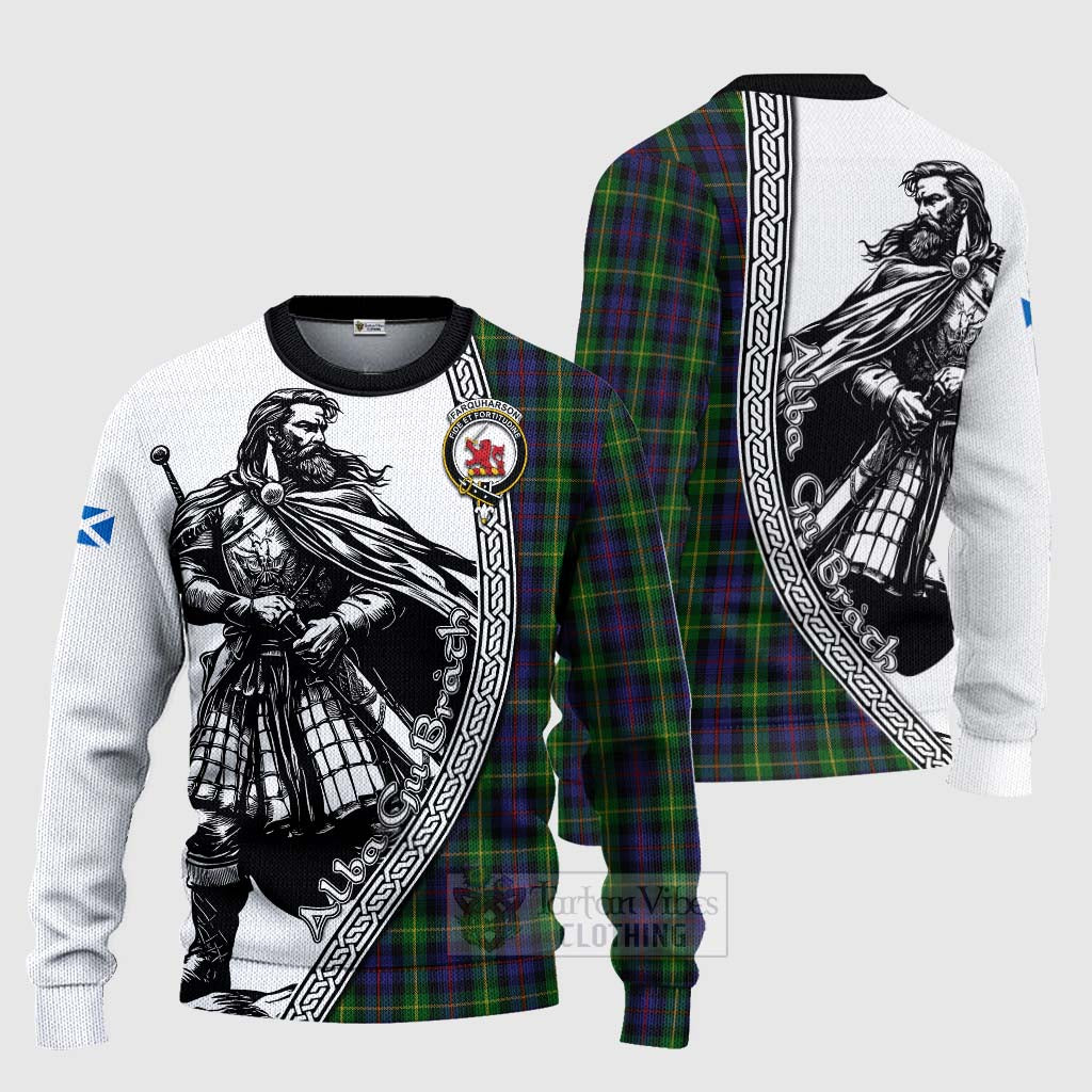 Tartan Vibes Clothing Farquharson Tartan Clan Crest Knitted Sweater with Highlander Warrior Celtic Style