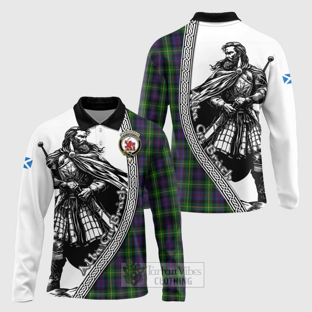 Tartan Vibes Clothing Farquharson Tartan Clan Crest Long Sleeve Polo Shirt with Highlander Warrior Celtic Style