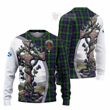 Farquharson Tartan Knitted Sweater with Family Crest and St. Andrew's Cross Accented by Thistle Vines Unisex - Tartan Vibes Clothing