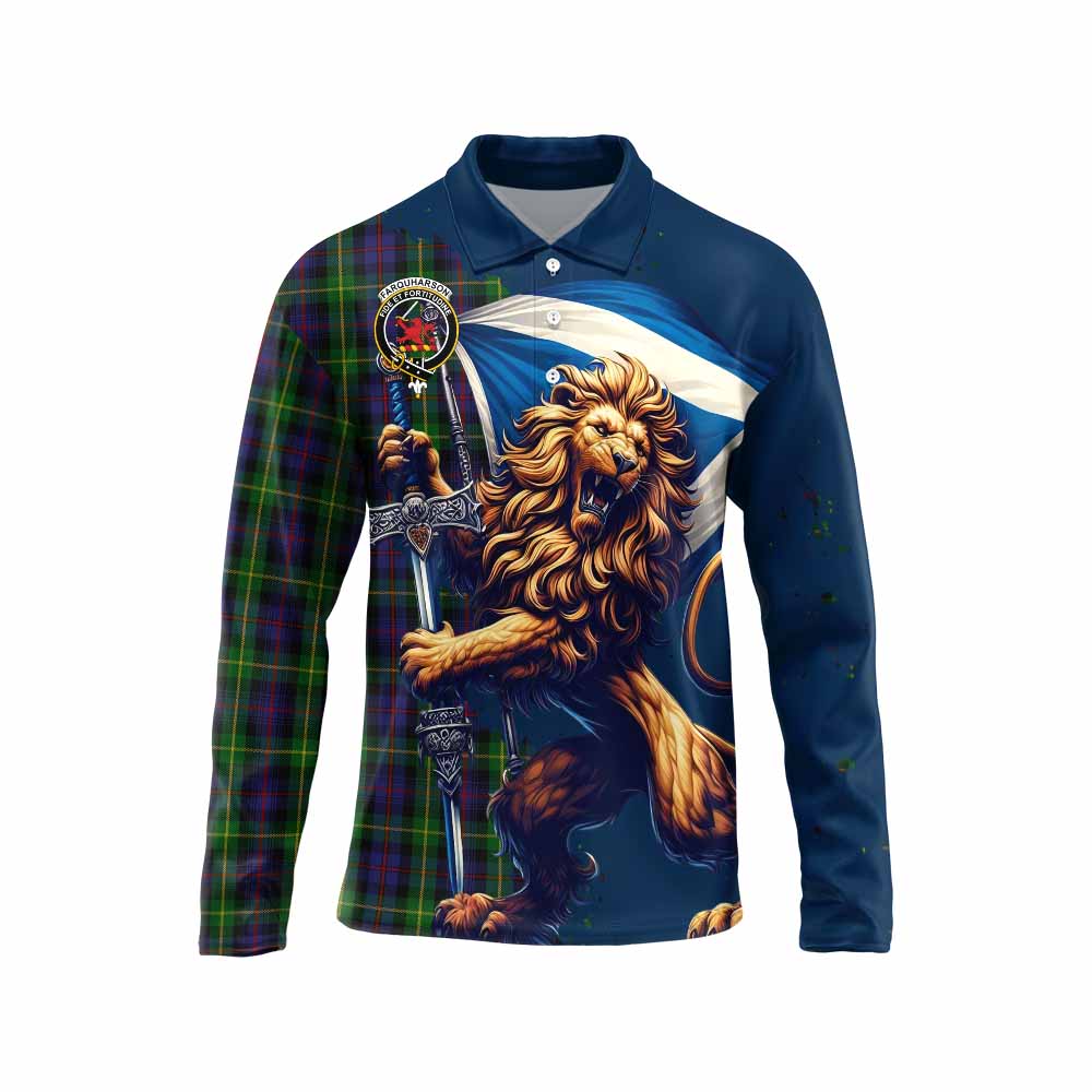 Tartan Vibes Clothing Farquharson Tartan Family Crest Long Sleeve Polo Shirt with Scottish Majestic Lion