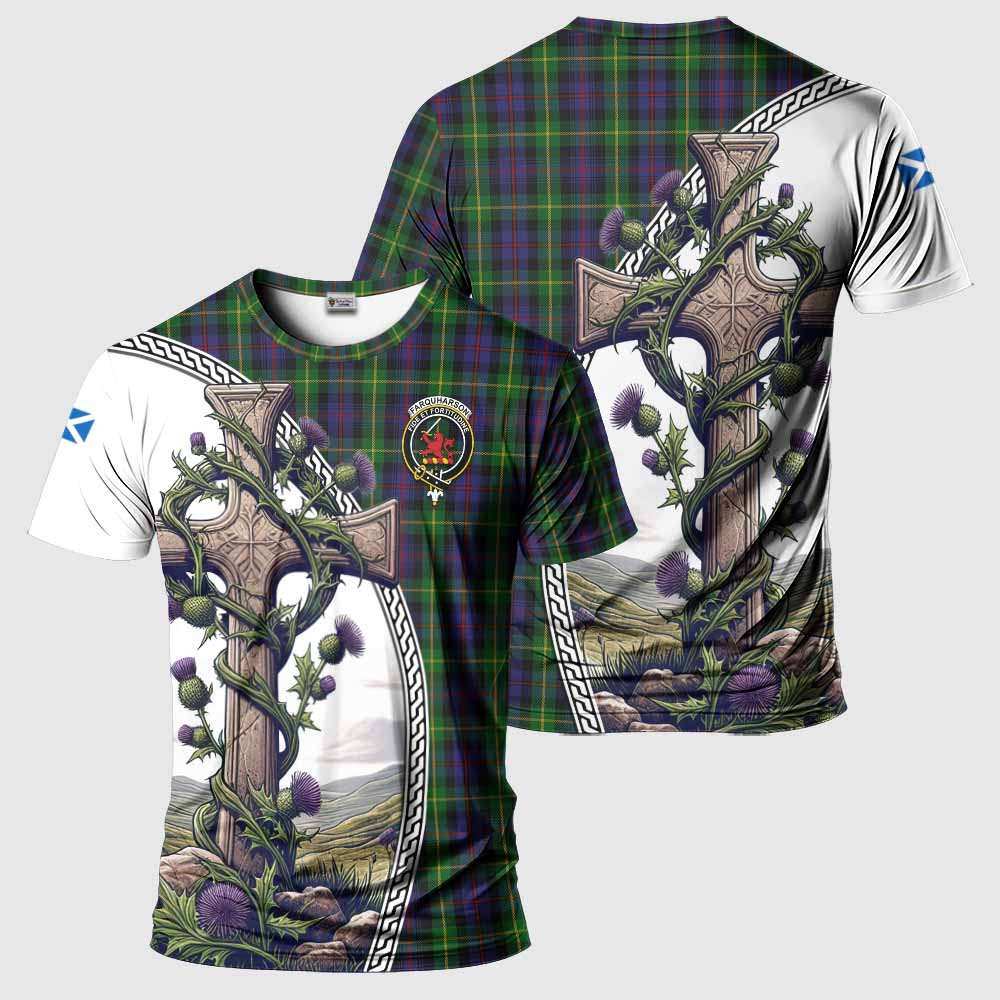 Tartan Vibes Clothing Farquharson Agnew Tartan T-Shirt with Family Crest and St. Andrew's Cross Accented by Thistle Vines