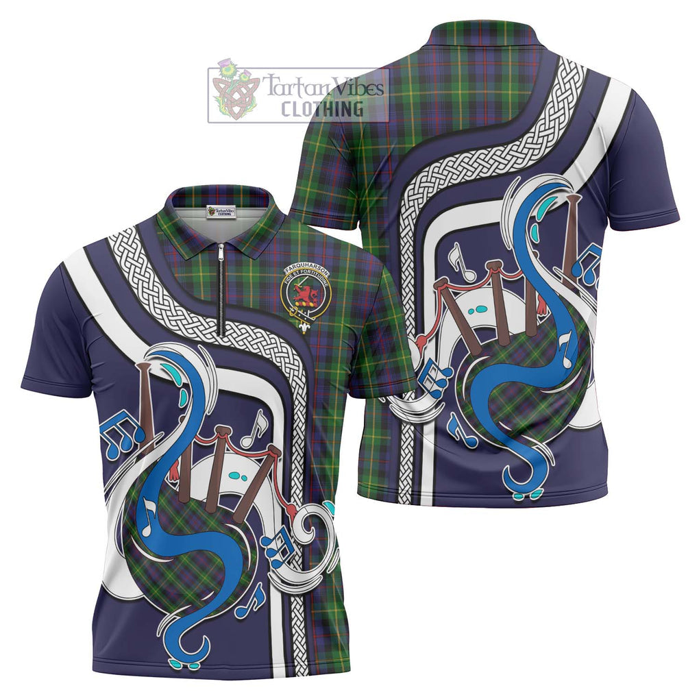 Farquharson Tartan Zipper Polo Shirt with Epic Bagpipe Style Unisex - Tartanvibesclothing Shop