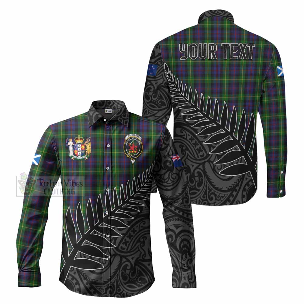 Tartan Vibes Clothing Farquharson Crest Tartan Long Sleeve Button Shirt with New Zealand Silver Fern Half Style