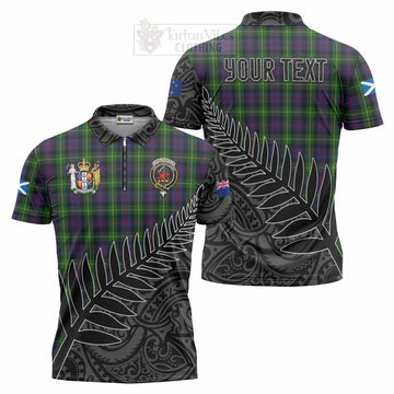 Farquharson Crest Tartan Zipper Polo Shirt with New Zealand Silver Fern Half Style