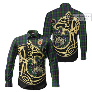 Farquharson Tartan Long Sleeve Button Shirt with Family Crest Celtic Wolf Style