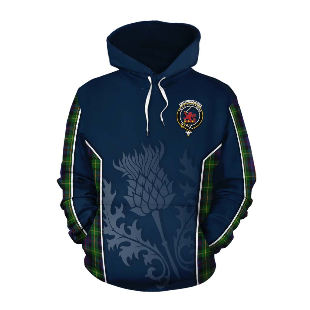 Tartan Vibes Clothing Farquharson Tartan Cotton Hoodie with Family Crest and Scottish Thistle Vibes Sport Style