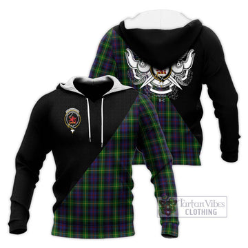 Farquharson Tartan Knitted Hoodie with Family Crest and Military Logo Style