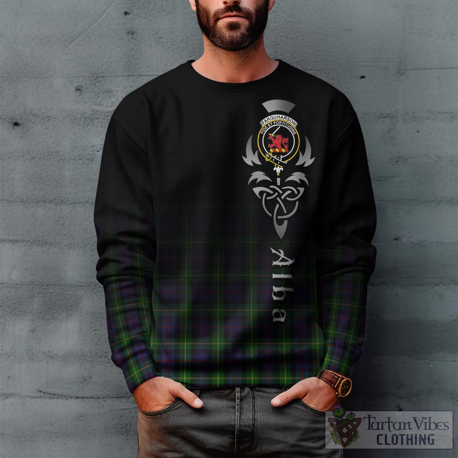 Tartan Vibes Clothing Farquharson Tartan Sweatshirt Featuring Alba Gu Brath Family Crest Celtic Inspired