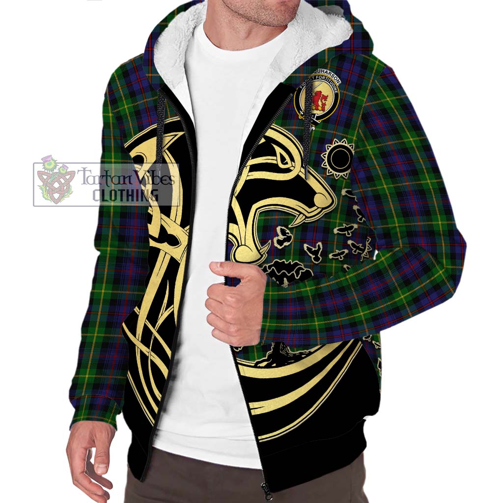 Tartan Vibes Clothing Farquharson Tartan Sherpa Hoodie with Family Crest Celtic Wolf Style