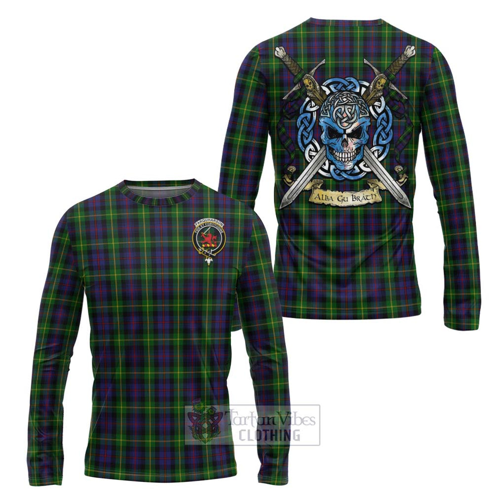 Tartan Vibes Clothing Farquharson Tartan Long Sleeve T-Shirt with Family Crest Celtic Skull Style