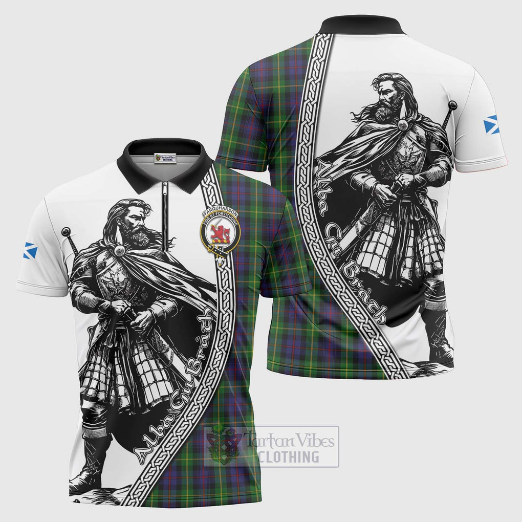 Tartan Vibes Clothing Farquharson Tartan Clan Crest Zipper Polo Shirt with Highlander Warrior Celtic Style