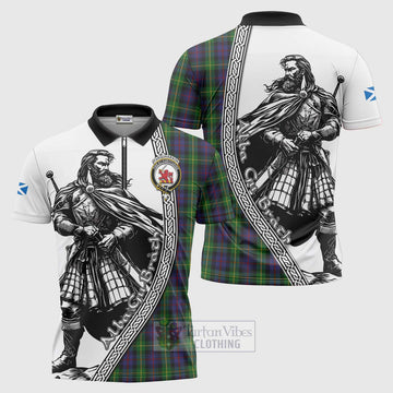 Farquharson Tartan Clan Crest Zipper Polo Shirt with Highlander Warrior Celtic Style