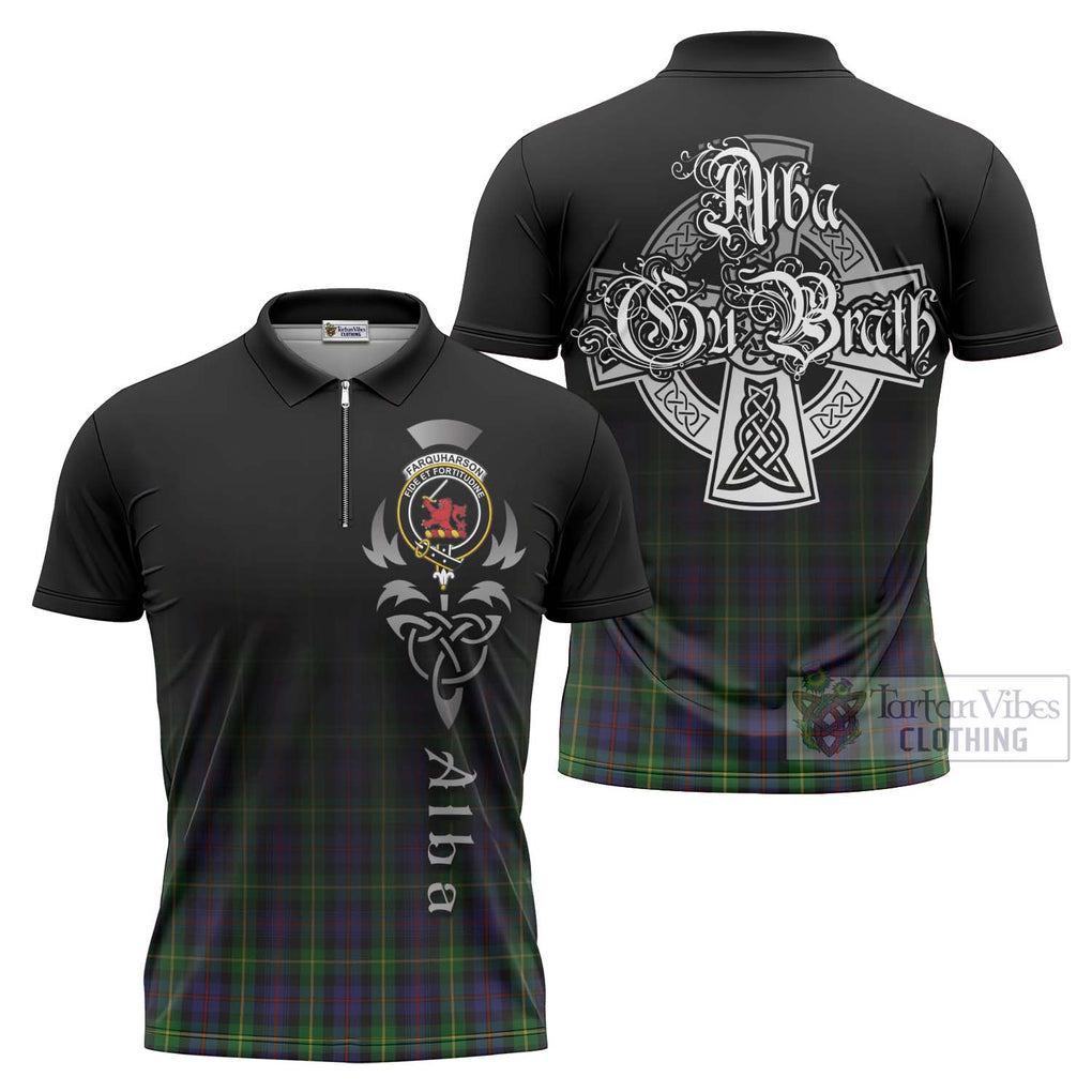 Tartan Vibes Clothing Farquharson Tartan Zipper Polo Shirt Featuring Alba Gu Brath Family Crest Celtic Inspired